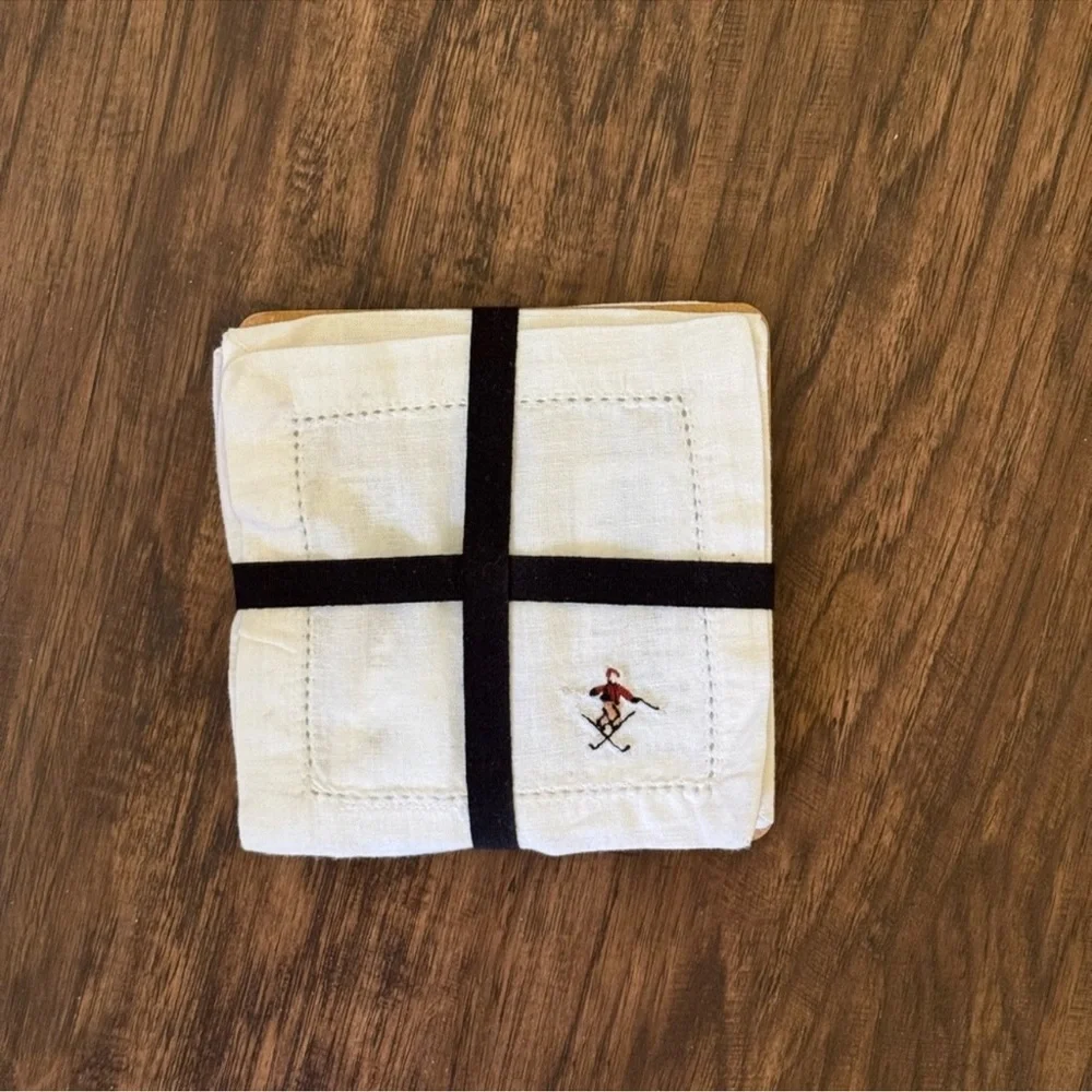 West Elm (St . Jude) Holiday skiers Embroidered Cocktail Napkins set of 4